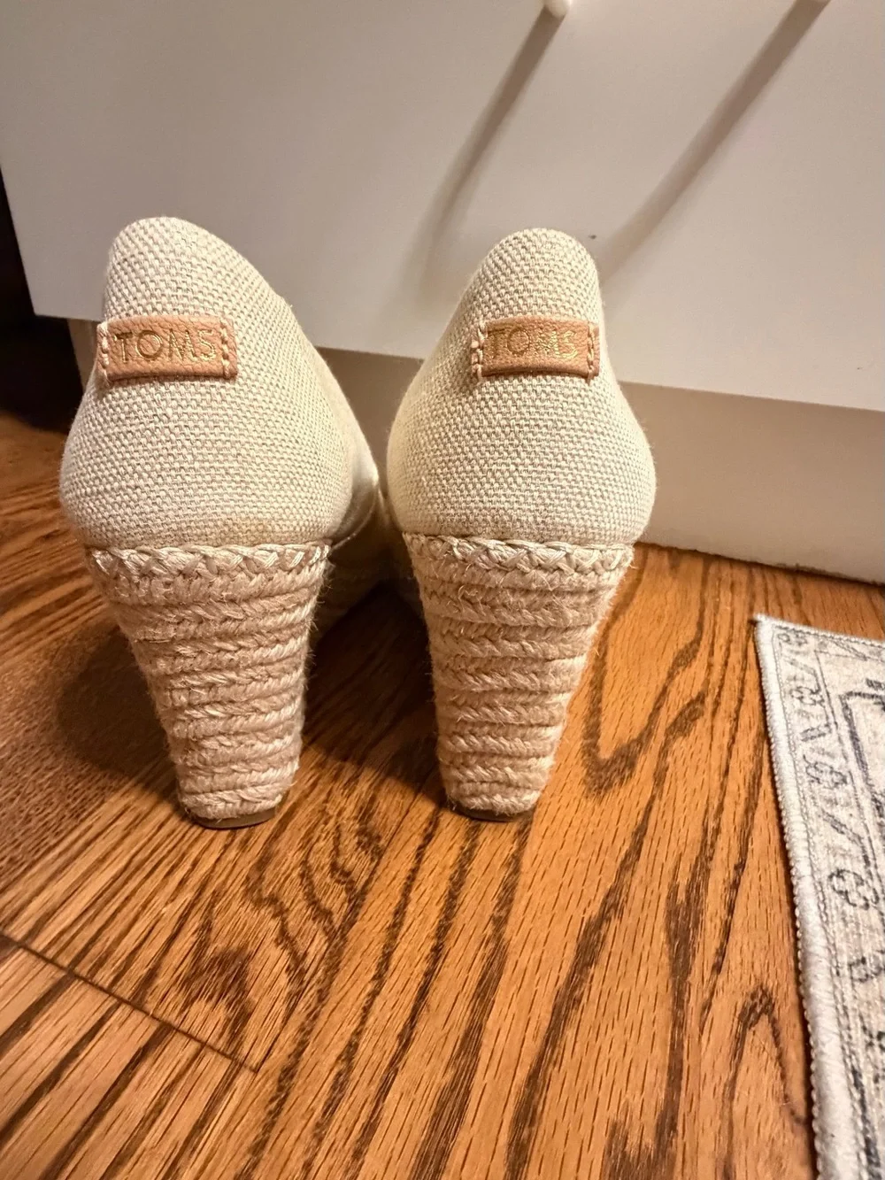 TOMS Neutral Canvas Peep-Toe Wedge Espadrilles